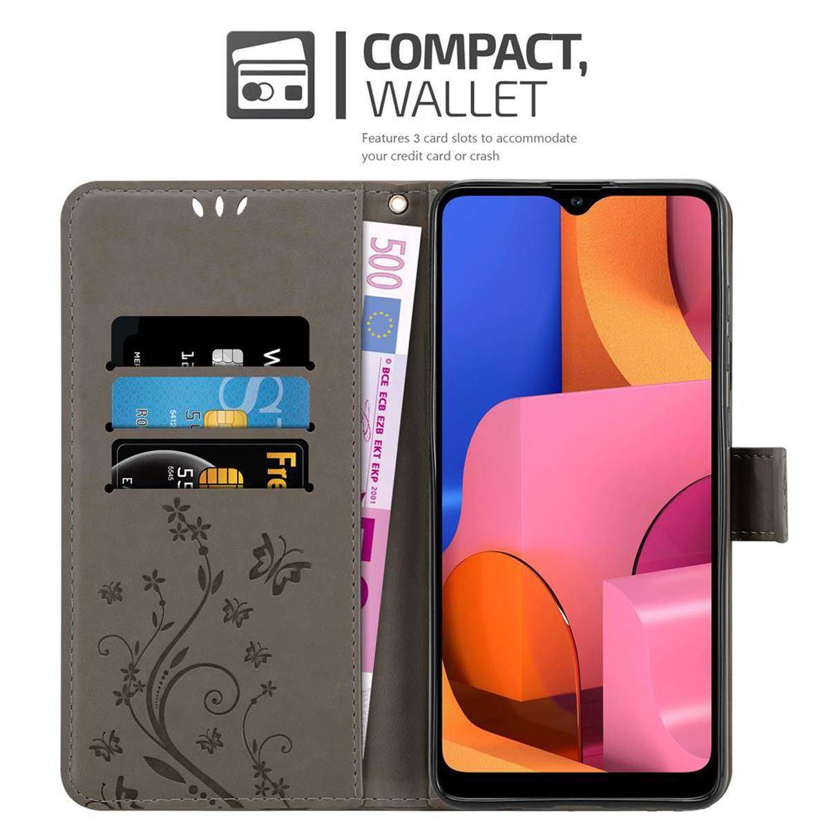Cadorabo Hülle für Samsung Galaxy A21 Schutz Hülle in Grau Schutzhülle Handy Hülle Etui Case Blumen Flower