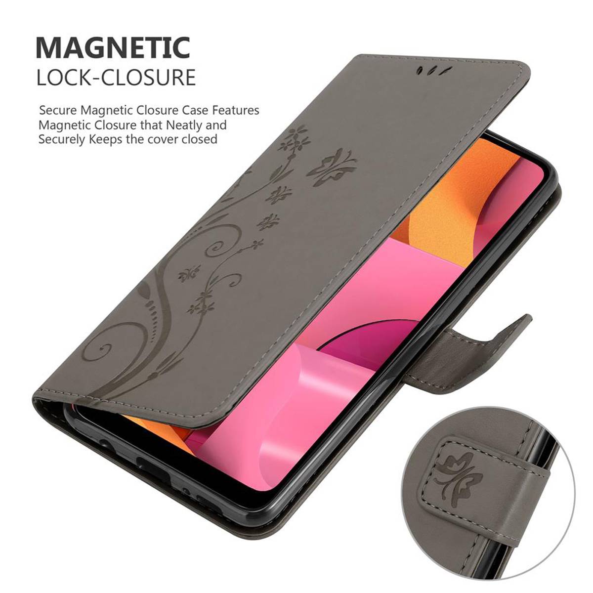 Cadorabo Hülle für Samsung Galaxy A21 Schutz Hülle in Grau Schutzhülle Handy Hülle Etui Case Blumen Flower