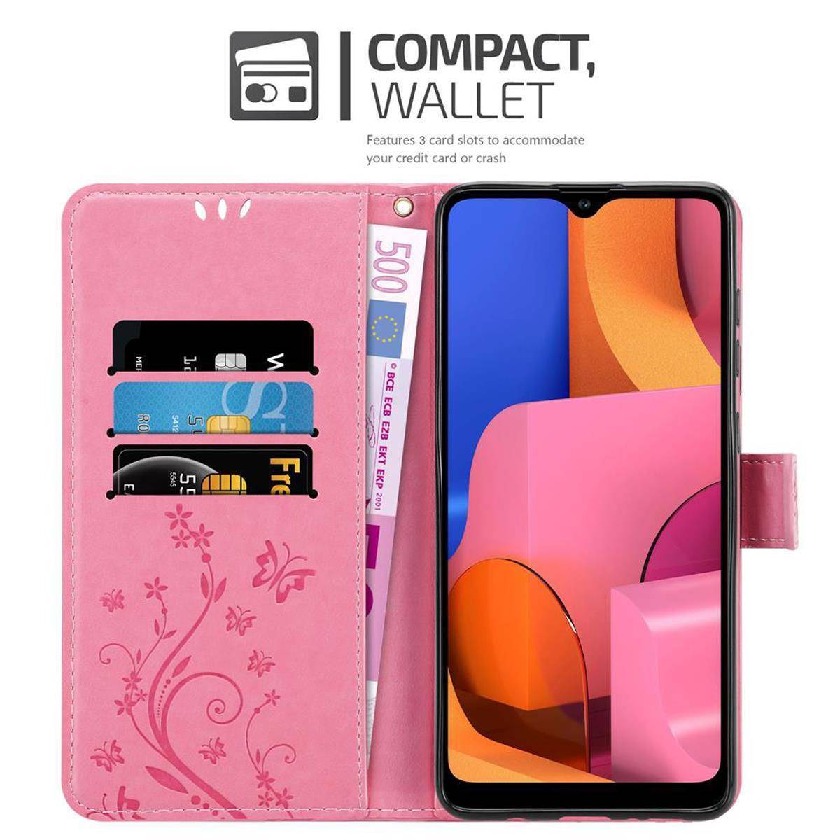 Cadorabo Hülle für Samsung Galaxy A21 Schutz Hülle in Rosa Schutzhülle Handy Hülle Etui Case Blumen Flower