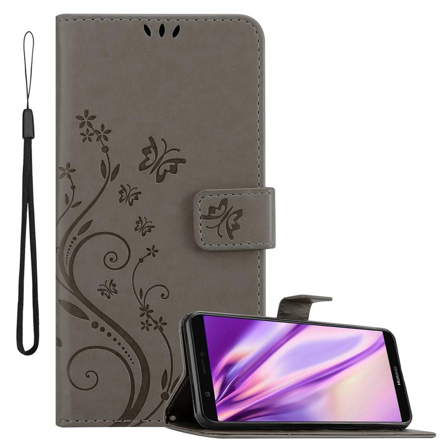 Cadorabo Hülle für Huawei P SMART 2018 / Enjoy 7S Schutz Hülle in Grau Schutzhülle Handy Hülle Etui Case Blumen Flower