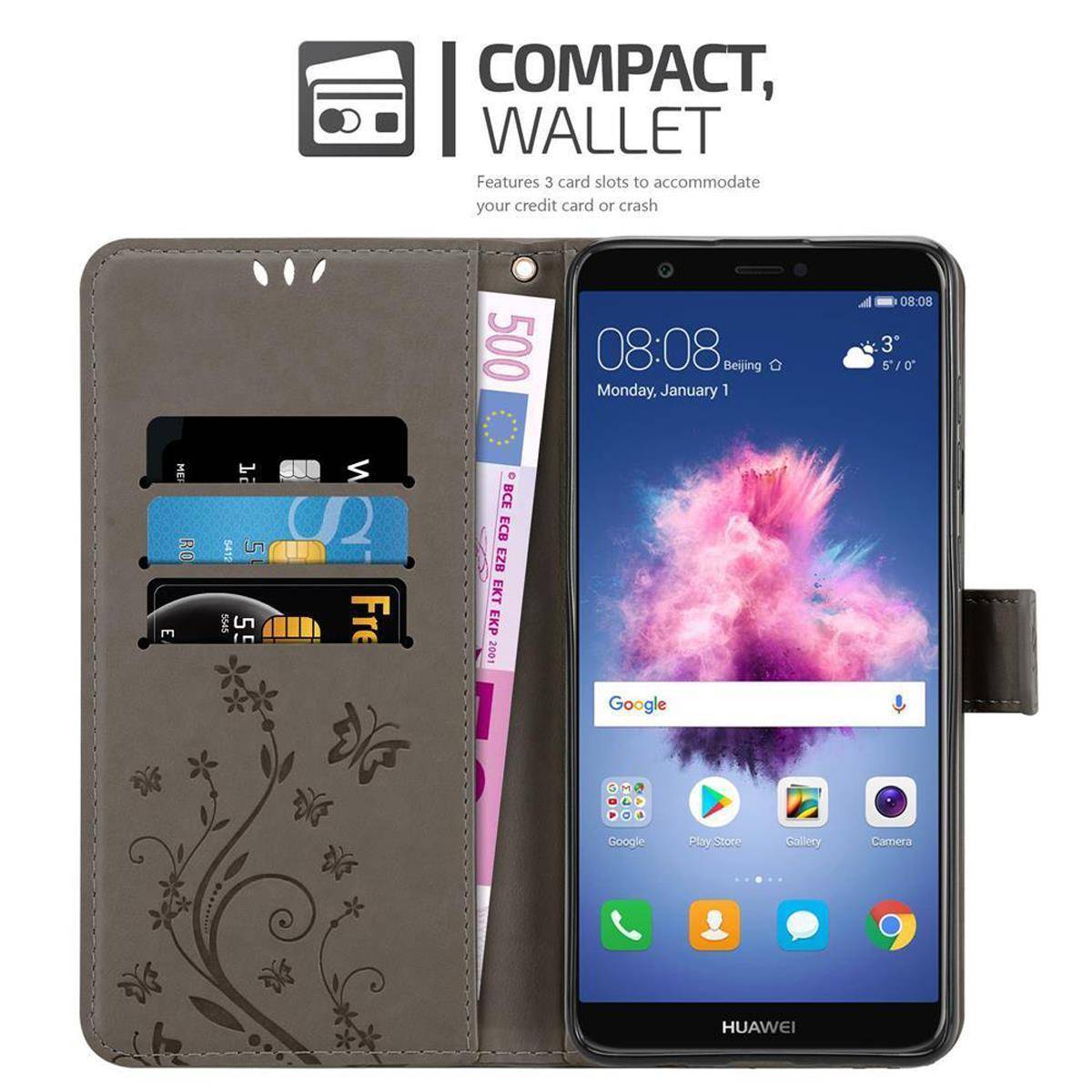 Cadorabo Hülle für Huawei P SMART 2018 / Enjoy 7S Schutz Hülle in Grau Schutzhülle Handy Hülle Etui Case Blumen Flower