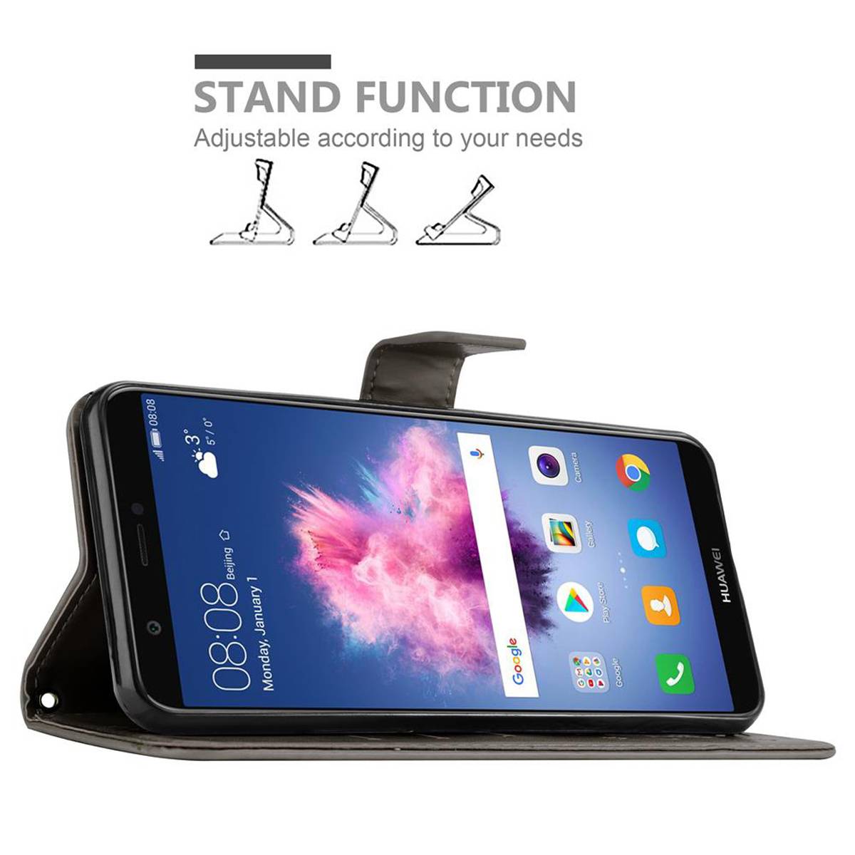 Cadorabo Hülle für Huawei P SMART 2018 / Enjoy 7S Schutz Hülle in Grau Schutzhülle Handy Hülle Etui Case Blumen Flower