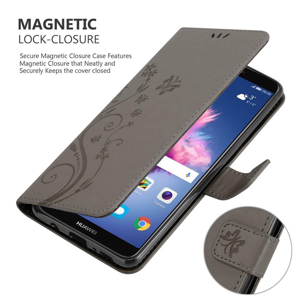 Cadorabo Hülle für Huawei P SMART 2018 / Enjoy 7S Schutz Hülle in Grau Schutzhülle Handy Hülle Etui Case Blumen Flower