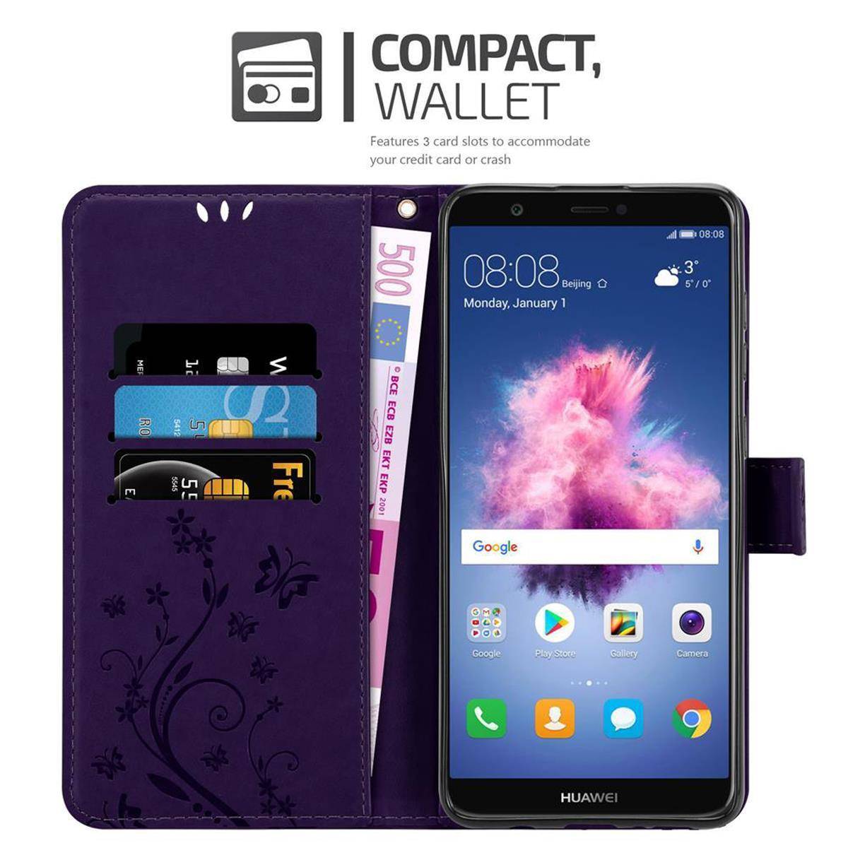 Cadorabo Hülle für Huawei P SMART 2018 / Enjoy 7S Schutz Hülle in Lila Schutzhülle Handy Hülle Etui Case Blumen Flower
