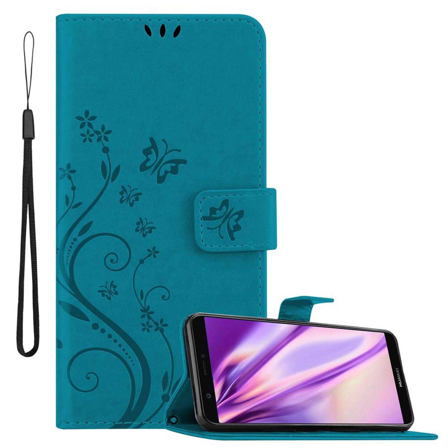 Cadorabo Hülle für Huawei P SMART 2018 / Enjoy 7S Schutz Hülle in Blau Schutzhülle Handy Hülle Etui Case Blumen Flower