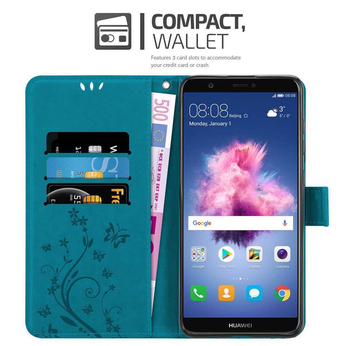 Cadorabo Hülle für Huawei P SMART 2018 / Enjoy 7S Schutz Hülle in Blau Schutzhülle Handy Hülle Etui Case Blumen Flower