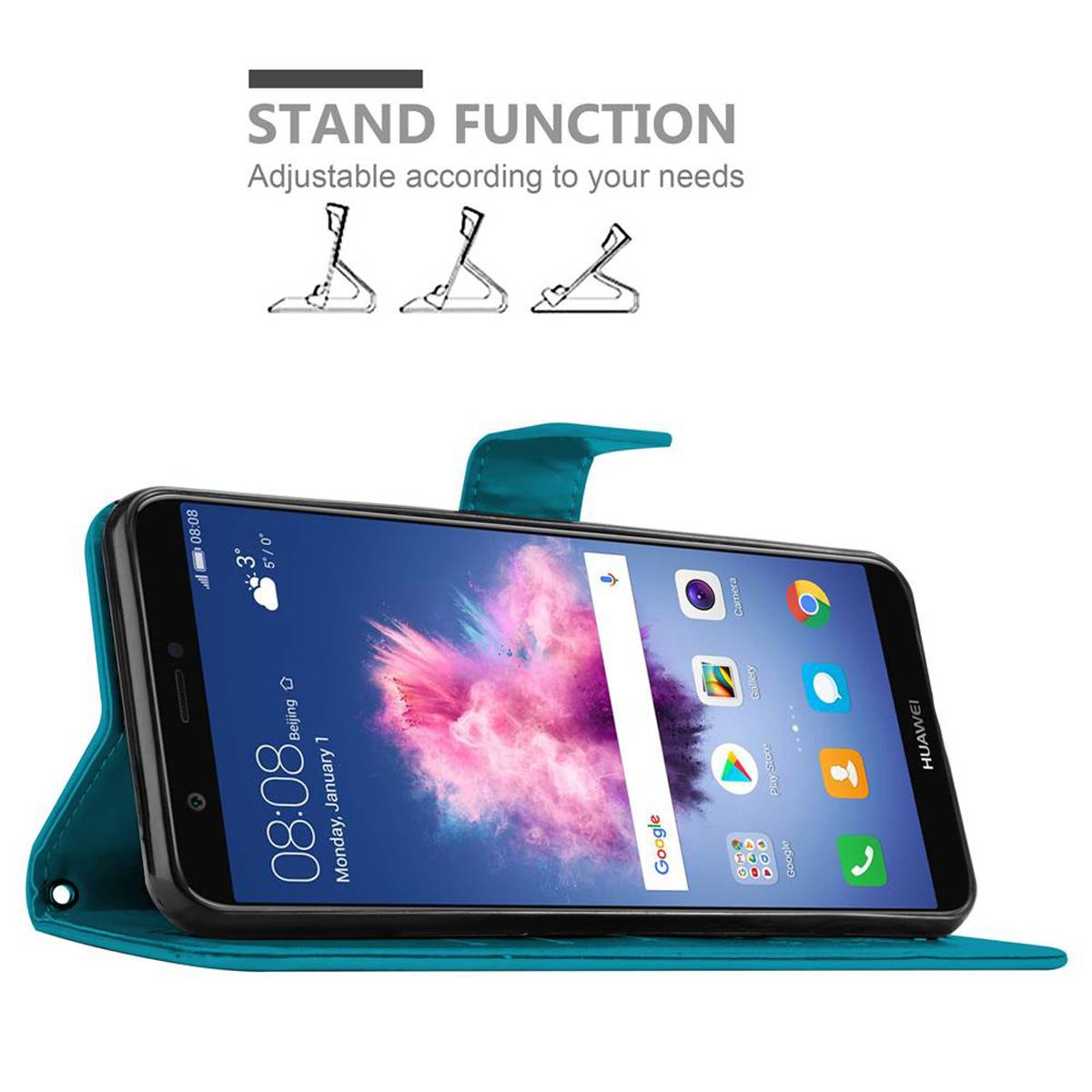 Cadorabo Hülle für Huawei P SMART 2018 / Enjoy 7S Schutz Hülle in Blau Schutzhülle Handy Hülle Etui Case Blumen Flower