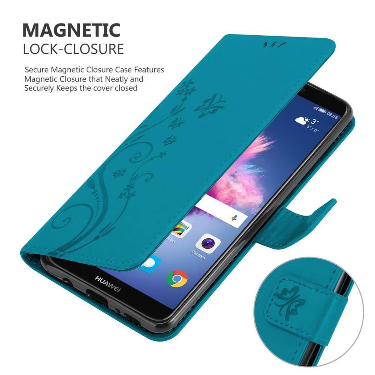 Cadorabo Hülle für Huawei P SMART 2018 / Enjoy 7S Schutz Hülle in Blau Schutzhülle Handy Hülle Etui Case Blumen Flower