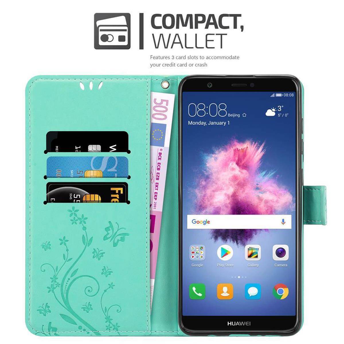 Cadorabo Hülle für Huawei P SMART 2018 / Enjoy 7S Schutz Hülle in Türkis Schutzhülle Handy Hülle Etui Case Blumen Flower