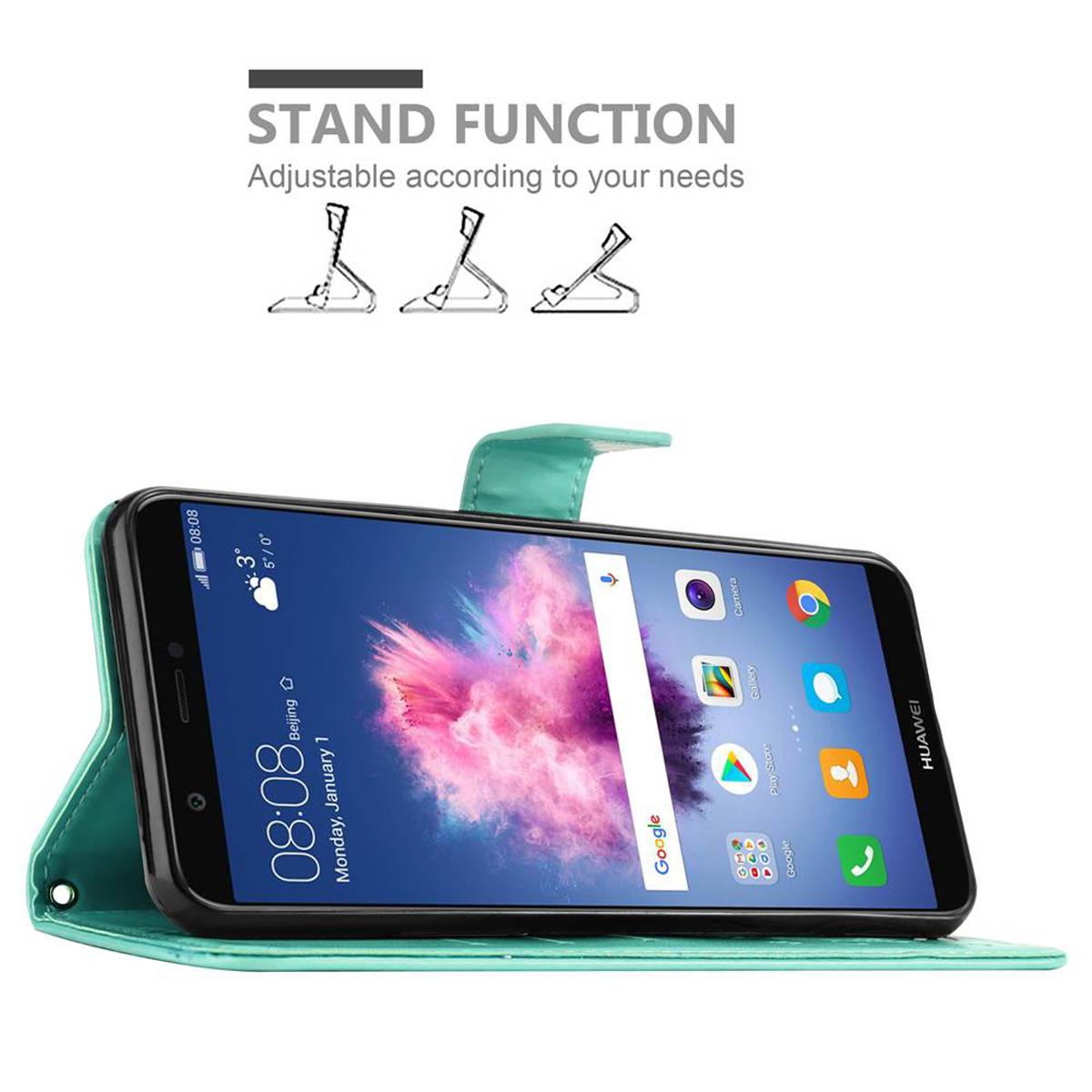 Cadorabo Hülle für Huawei P SMART 2018 / Enjoy 7S Schutz Hülle in Türkis Schutzhülle Handy Hülle Etui Case Blumen Flower