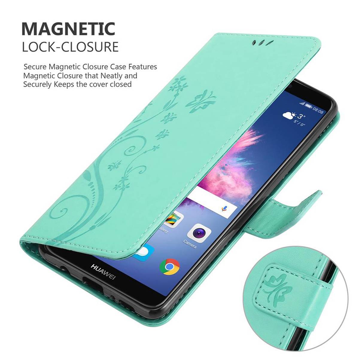 Cadorabo Hülle für Huawei P SMART 2018 / Enjoy 7S Schutz Hülle in Türkis Schutzhülle Handy Hülle Etui Case Blumen Flower
