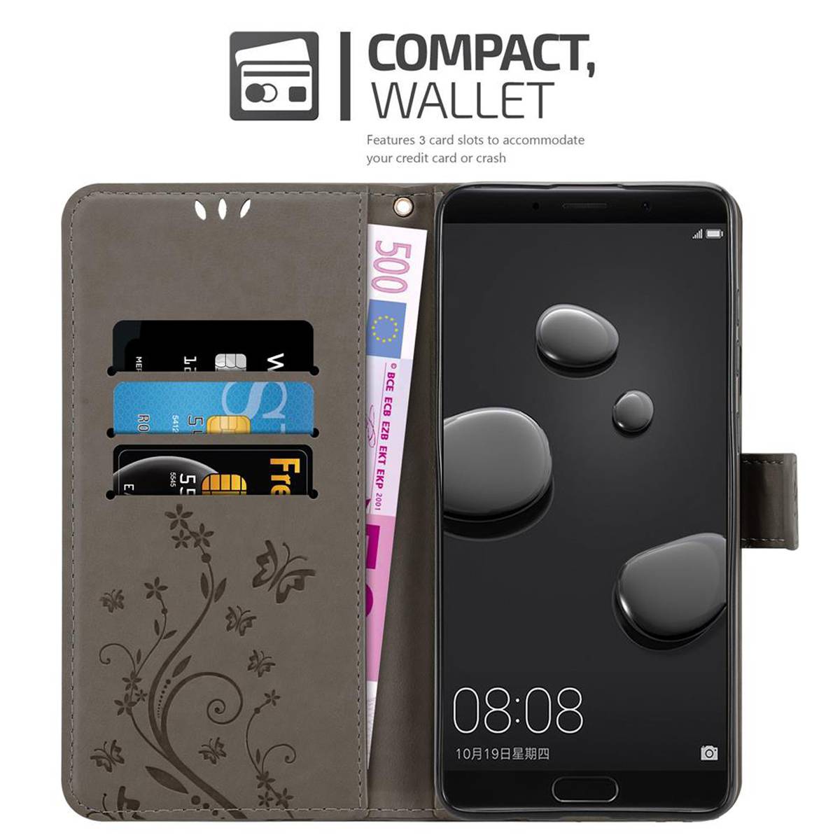 Cadorabo Hülle für Huawei MATE 10 / NOVA 2i Schutz Hülle in Grau Schutzhülle Handy Hülle Etui Case Blumen Flower