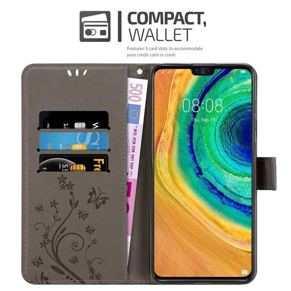 Cadorabo Hülle für Huawei MATE 30 Schutz Hülle in Grau Schutzhülle Handy Hülle Etui Case Blumen Flower
