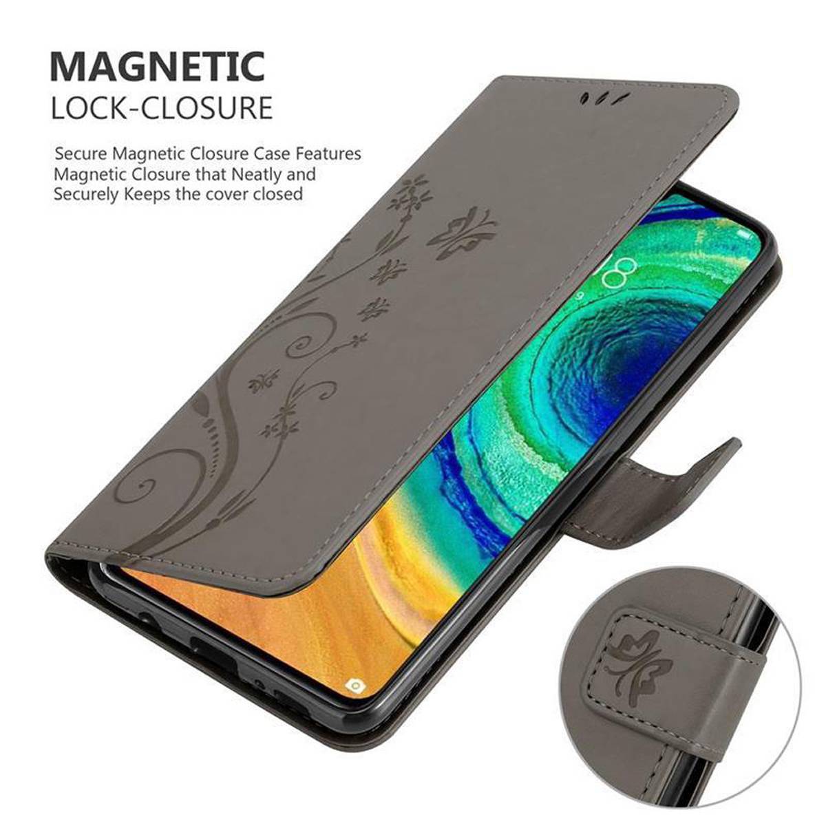Cadorabo Hülle für Huawei MATE 30 Schutz Hülle in Grau Schutzhülle Handy Hülle Etui Case Blumen Flower