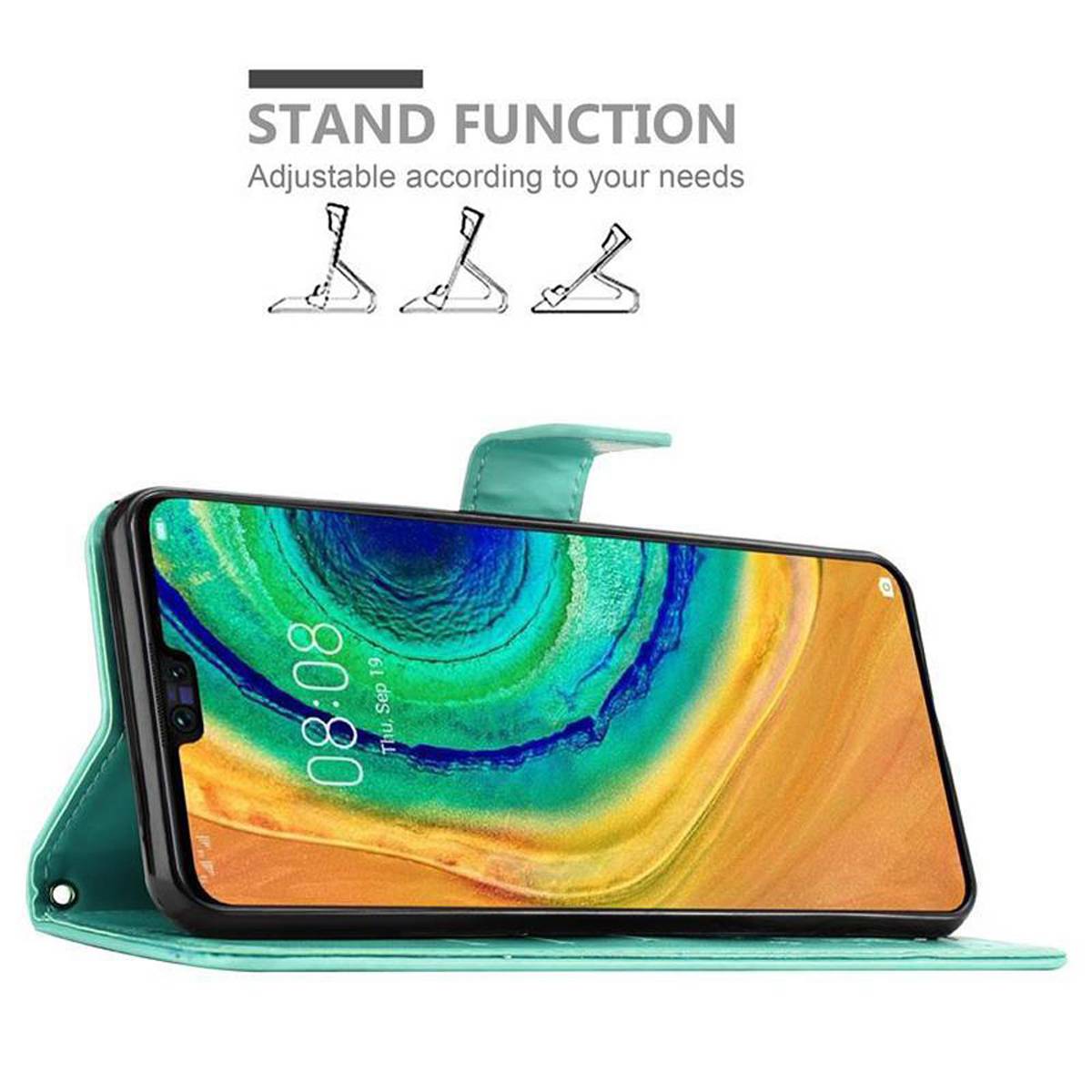Cadorabo Hülle für Huawei MATE 30 Schutz Hülle in Türkis Schutzhülle Handy Hülle Etui Case Blumen Flower