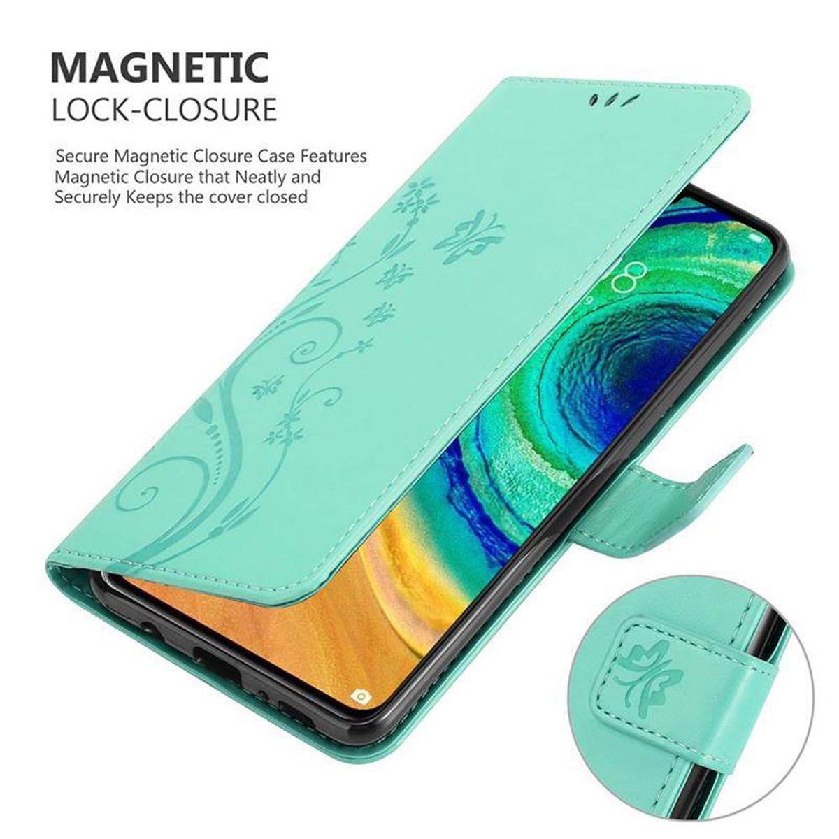 Cadorabo Hülle für Huawei MATE 30 Schutz Hülle in Türkis Schutzhülle Handy Hülle Etui Case Blumen Flower