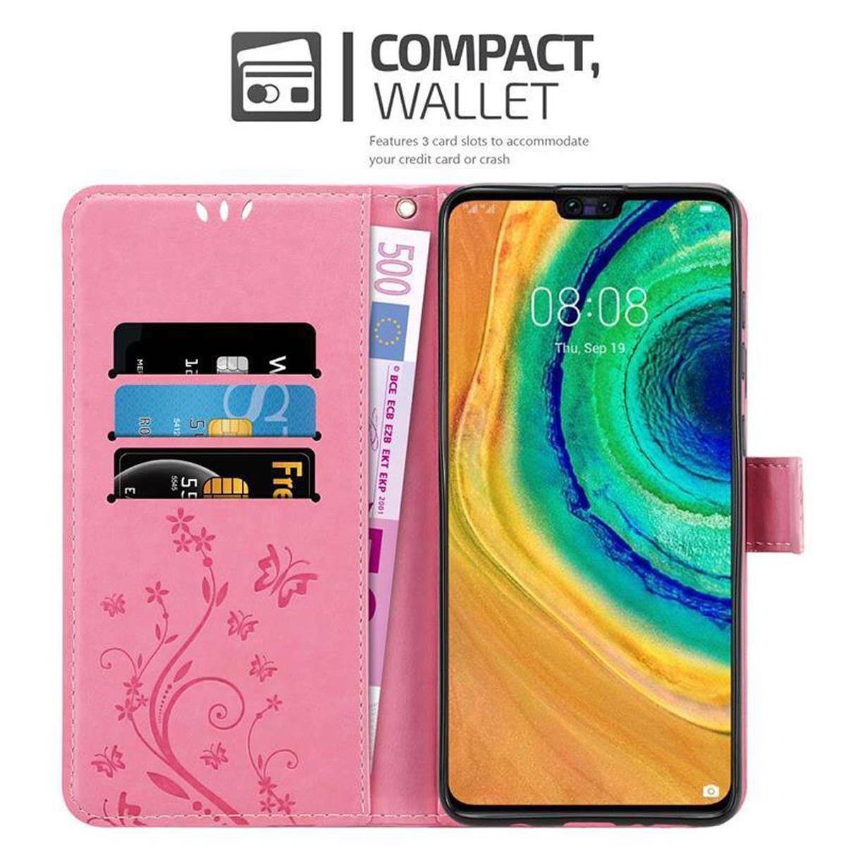 Cadorabo Hülle für Huawei MATE 30 Schutz Hülle in Rosa Schutzhülle Handy Hülle Etui Case Blumen Flower
