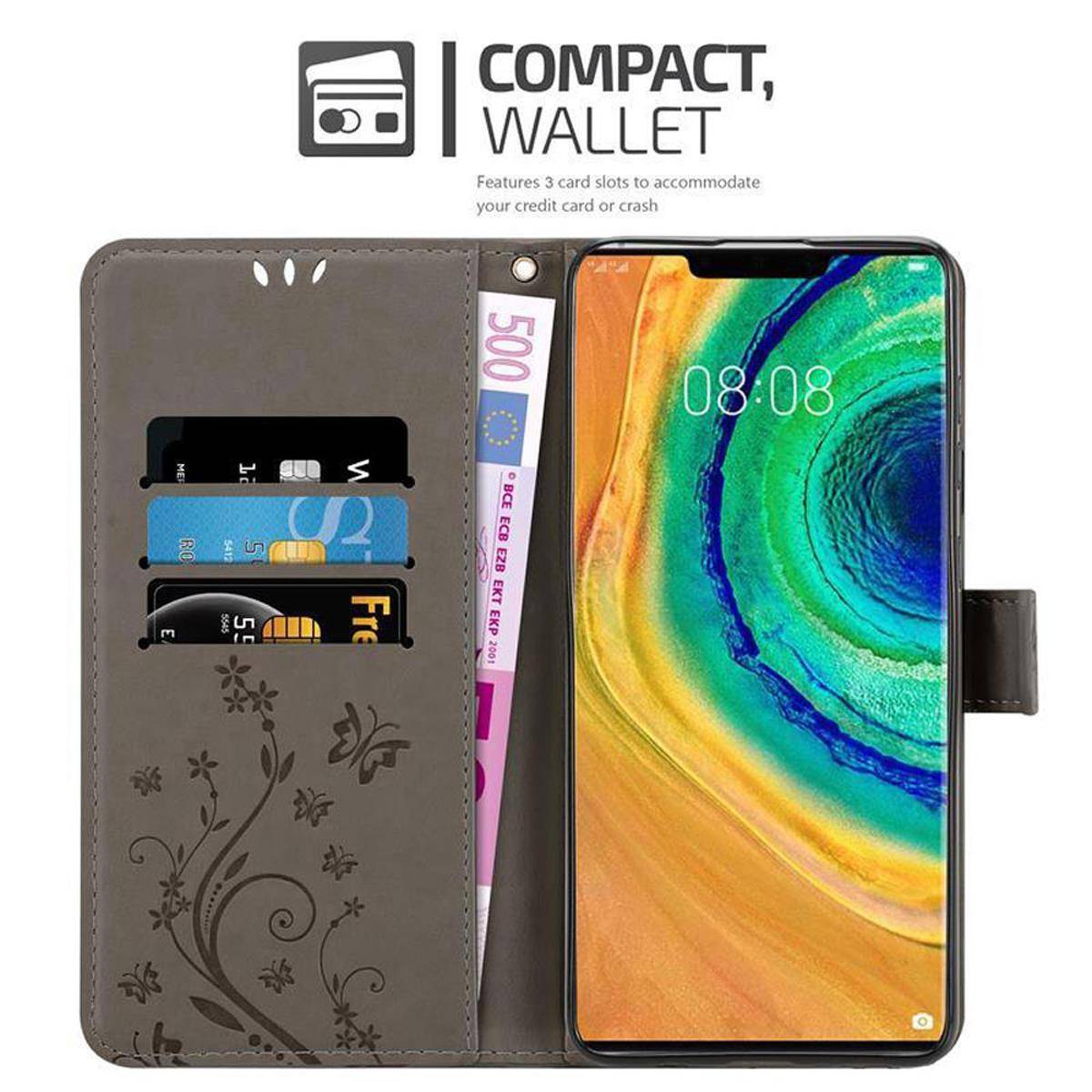Cadorabo Hülle für Huawei MATE 30 PRO Schutz Hülle in Grau Schutzhülle Handy Hülle Etui Case Blumen Flower