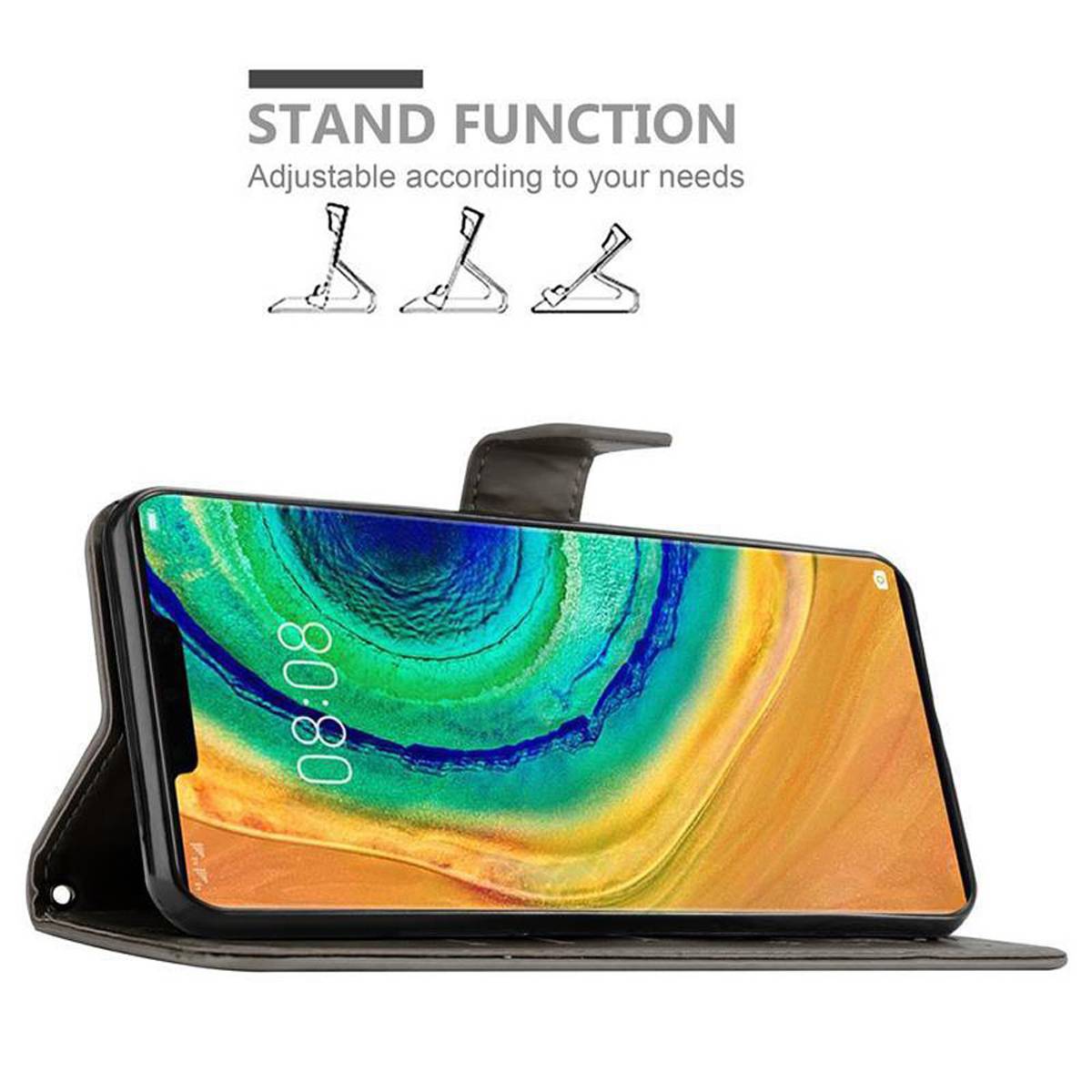 Cadorabo Hülle für Huawei MATE 30 PRO Schutz Hülle in Grau Schutzhülle Handy Hülle Etui Case Blumen Flower