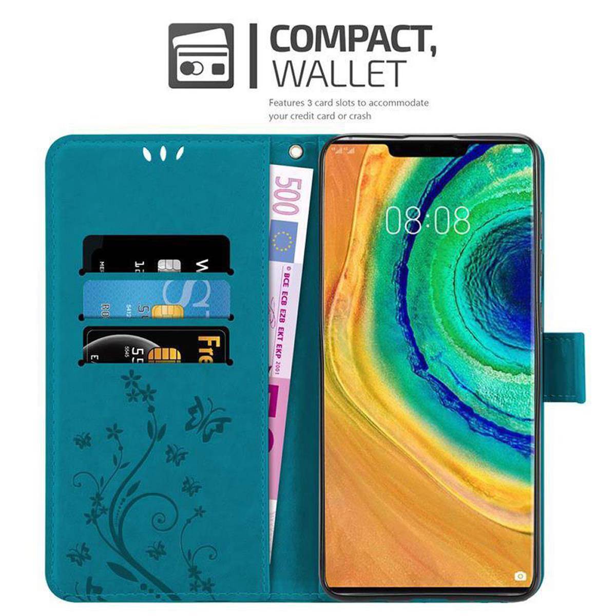 Cadorabo Hülle für Huawei MATE 30 PRO Schutz Hülle in Blau Schutzhülle Handy Hülle Etui Case Blumen Flower