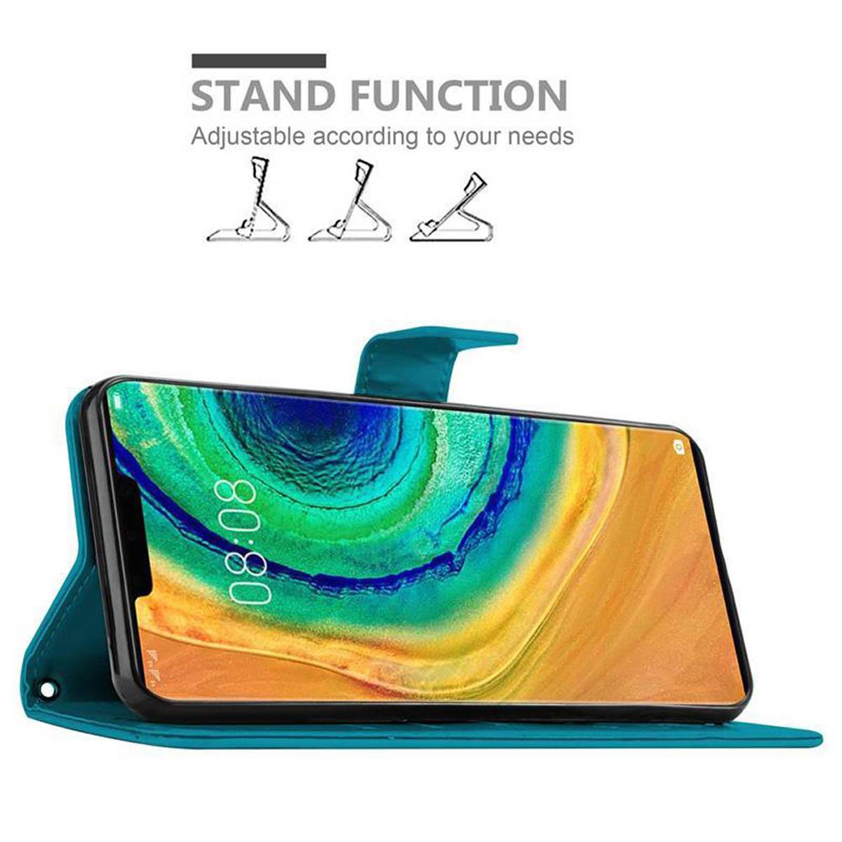 Cadorabo Hülle für Huawei MATE 30 PRO Schutz Hülle in Blau Schutzhülle Handy Hülle Etui Case Blumen Flower