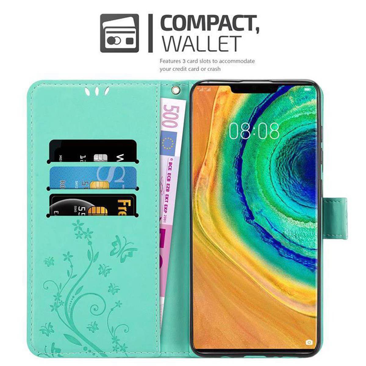 Cadorabo Hülle für Huawei MATE 30 PRO Schutz Hülle in Türkis Schutzhülle Handy Hülle Etui Case Blumen Flower