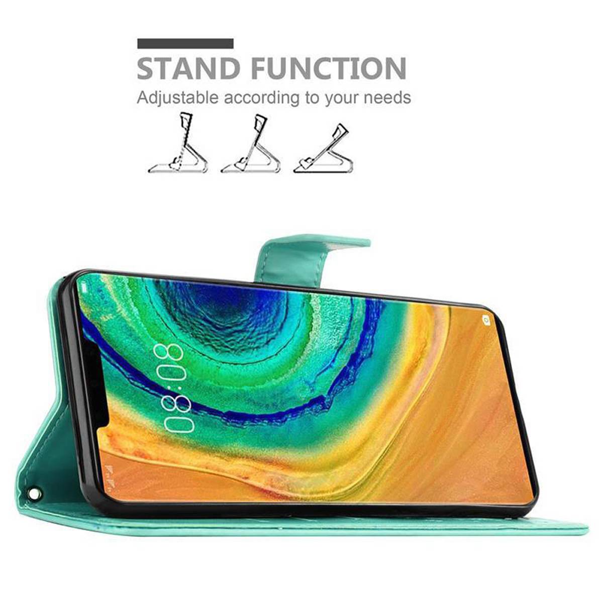 Cadorabo Hülle für Huawei MATE 30 PRO Schutz Hülle in Türkis Schutzhülle Handy Hülle Etui Case Blumen Flower