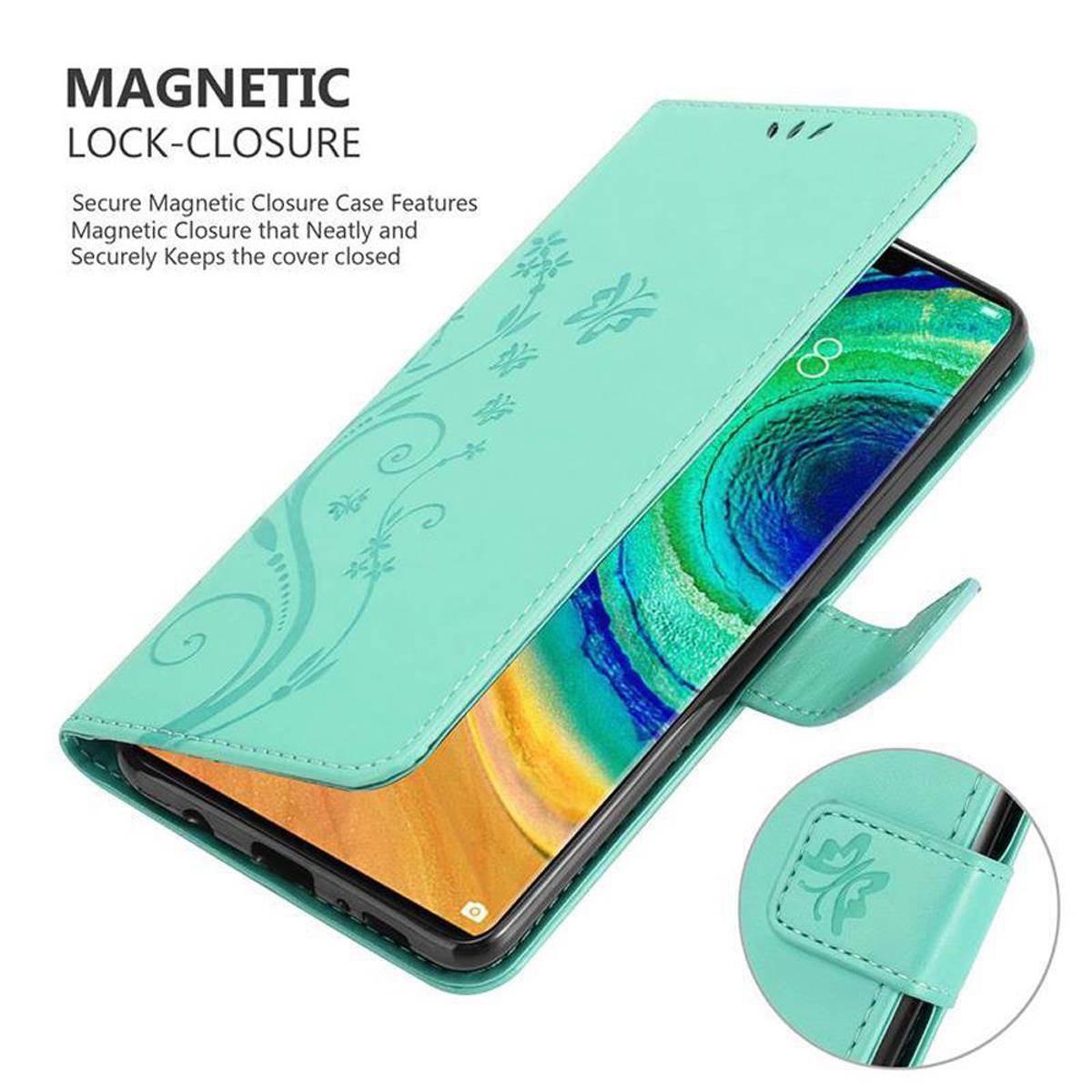 Cadorabo Hülle für Huawei MATE 30 PRO Schutz Hülle in Türkis Schutzhülle Handy Hülle Etui Case Blumen Flower