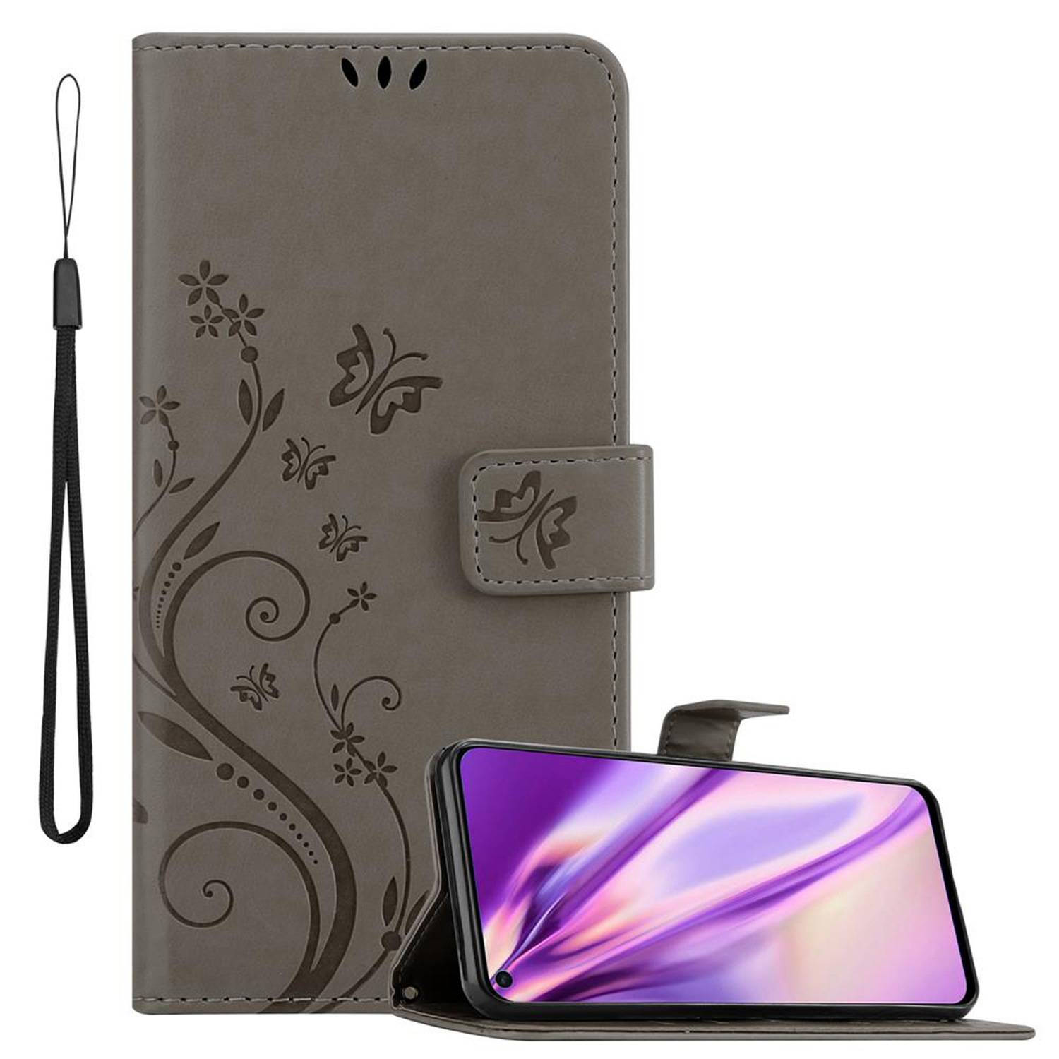 Cadorabo Hülle für Huawei NOVA 4 Schutz Hülle in Grau Schutzhülle Handy Hülle Etui Case Blumen Flower