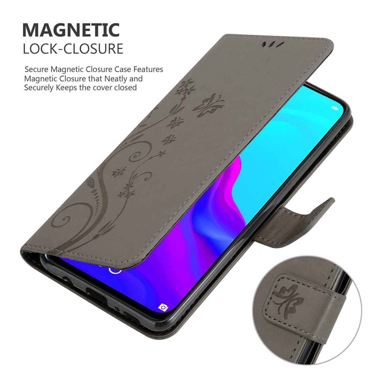 Cadorabo Hülle für Huawei NOVA 4 Schutz Hülle in Grau Schutzhülle Handy Hülle Etui Case Blumen Flower