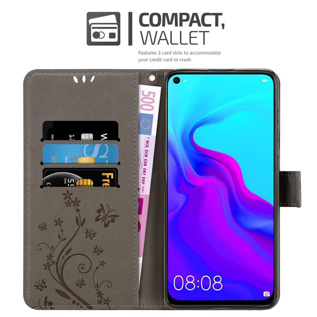 Cadorabo Hülle für Huawei NOVA 4 Schutz Hülle in Grau Schutzhülle Handy Hülle Etui Case Blumen Flower