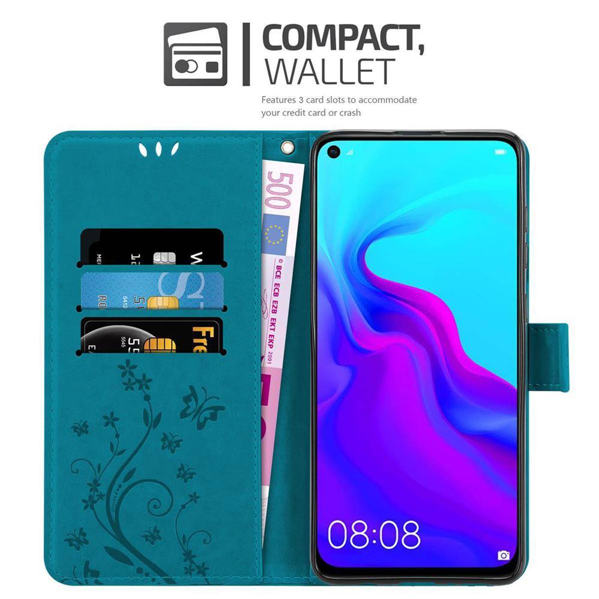 Cadorabo Hülle für Huawei NOVA 4 Schutz Hülle in Blau Schutzhülle Handy Hülle Etui Case Blumen Flower