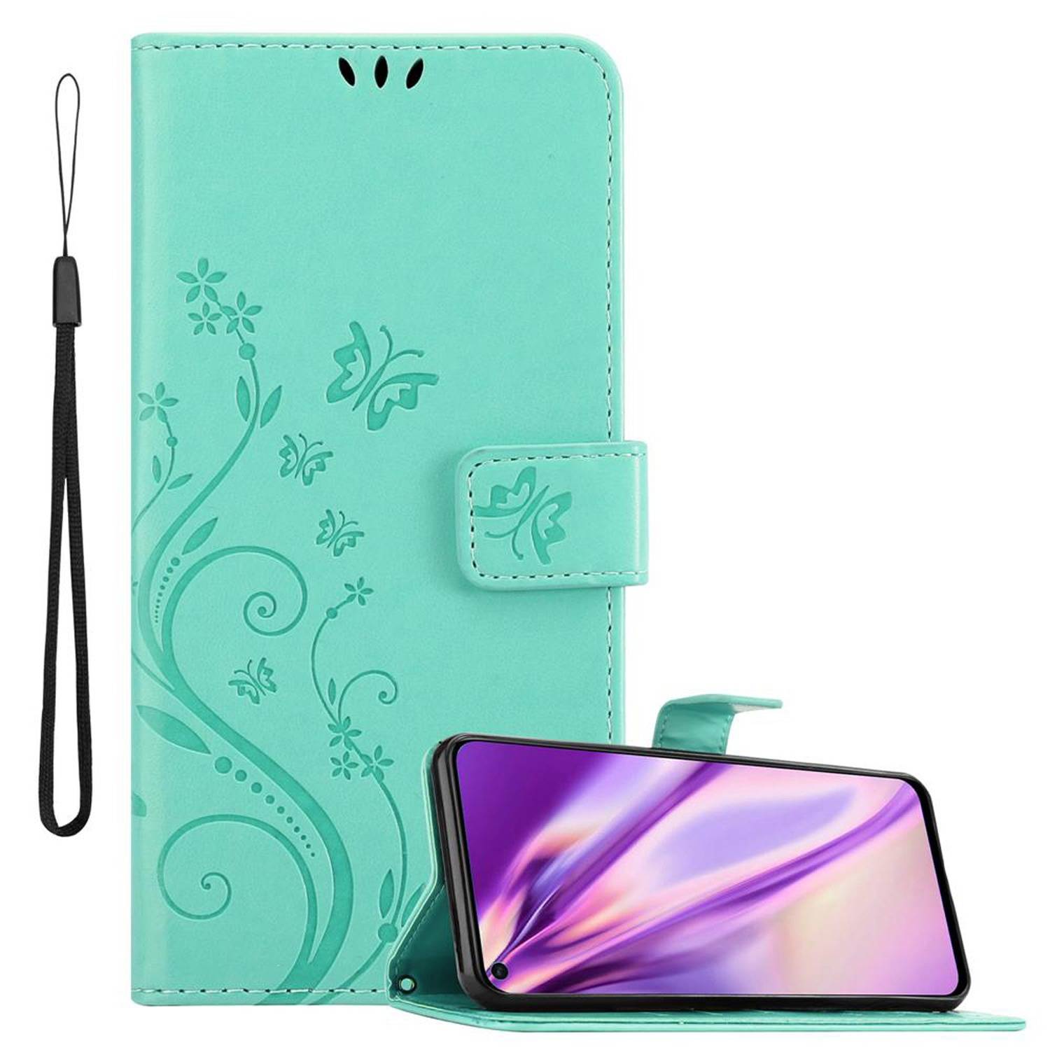 Cadorabo Hülle für Huawei NOVA 4 Schutz Hülle in Türkis Schutzhülle Handy Hülle Etui Case Blumen Flower