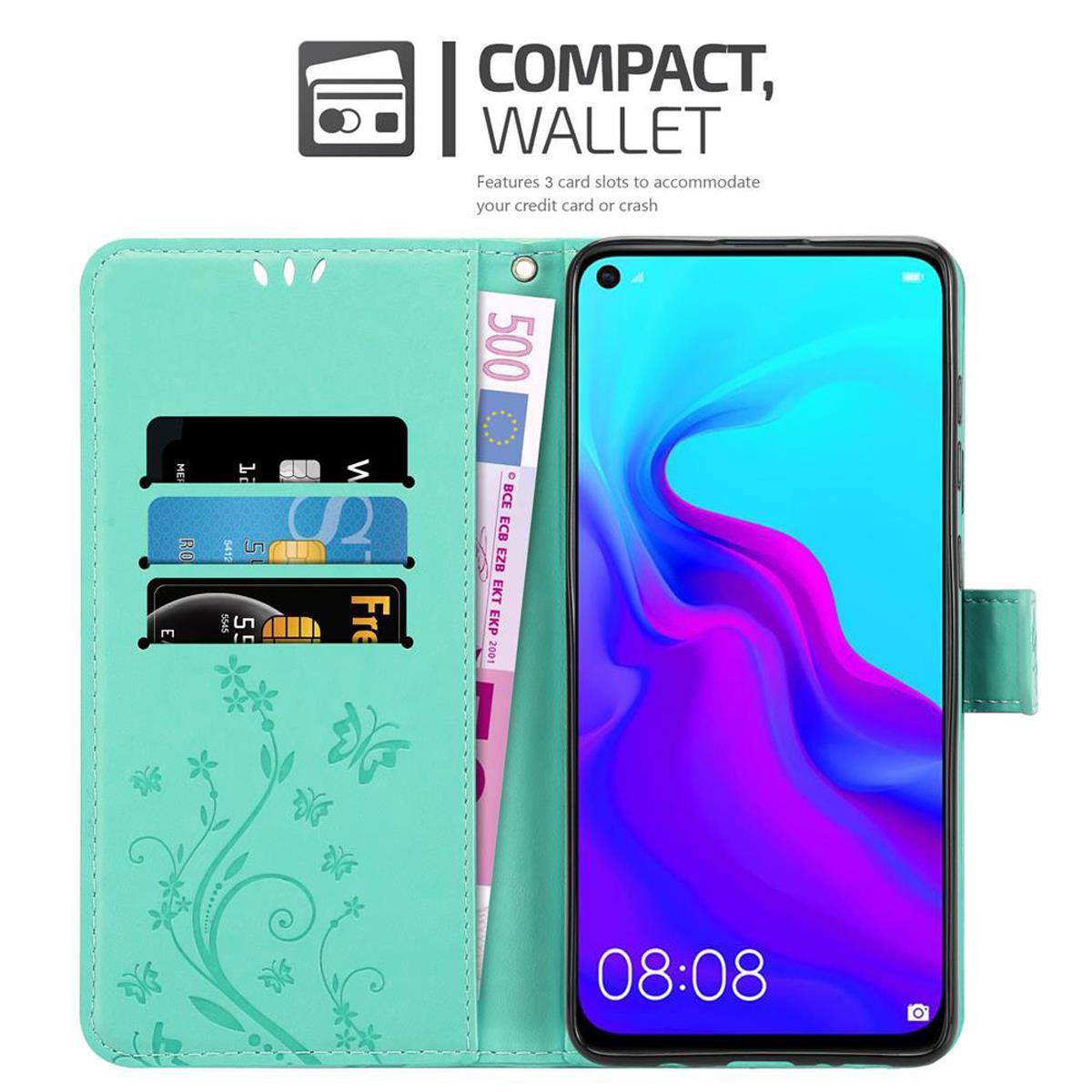 Cadorabo Hülle für Huawei NOVA 4 Schutz Hülle in Türkis Schutzhülle Handy Hülle Etui Case Blumen Flower