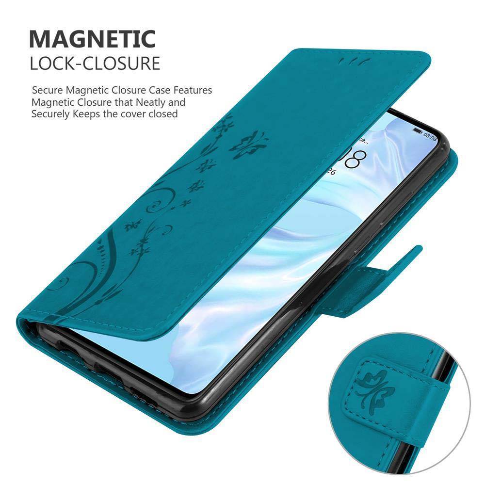 Cadorabo Hülle für Huawei P30 Schutz Hülle in Blau Schutzhülle Handy Hülle Etui Case Blumen Flower