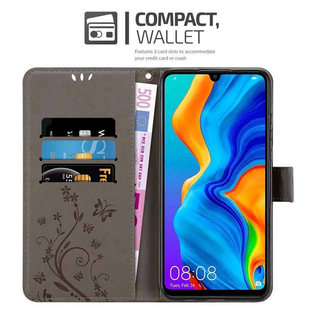 Cadorabo Hülle für Huawei P30 LITE Schutz Hülle in Grau Schutzhülle Handy Hülle Etui Case Blumen Flower