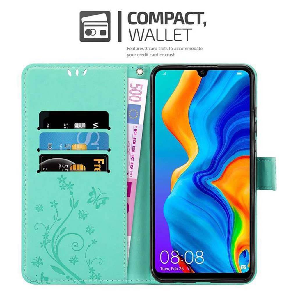 Cadorabo Hülle für Huawei P30 LITE Schutz Hülle in Türkis Schutzhülle Handy Hülle Etui Case Blumen Flower