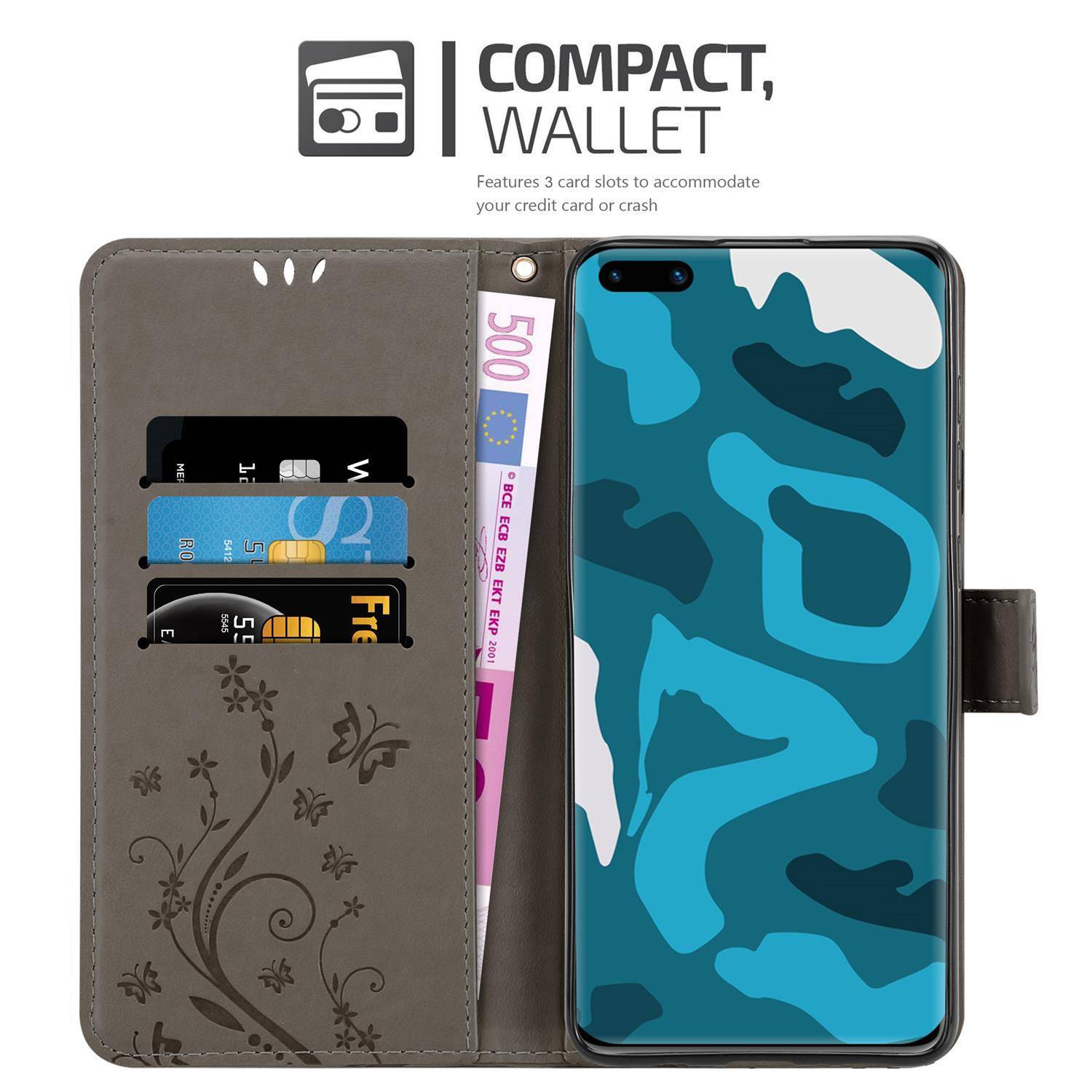 Cadorabo Hülle für Huawei P40 Schutz Hülle in Grau Schutzhülle Handy Hülle Etui Case Blumen Flower