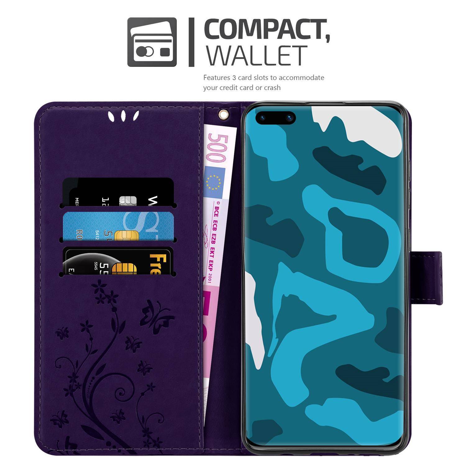 Cadorabo Hülle für Huawei P40 Schutz Hülle in Lila Schutzhülle Handy Hülle Etui Case Blumen Flower