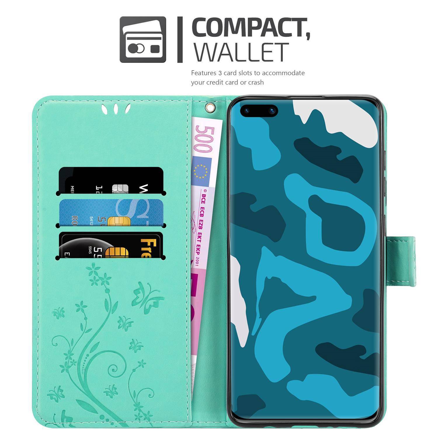 Cadorabo Hülle für Huawei P40 Schutz Hülle in Türkis Schutzhülle Handy Hülle Etui Case Blumen Flower