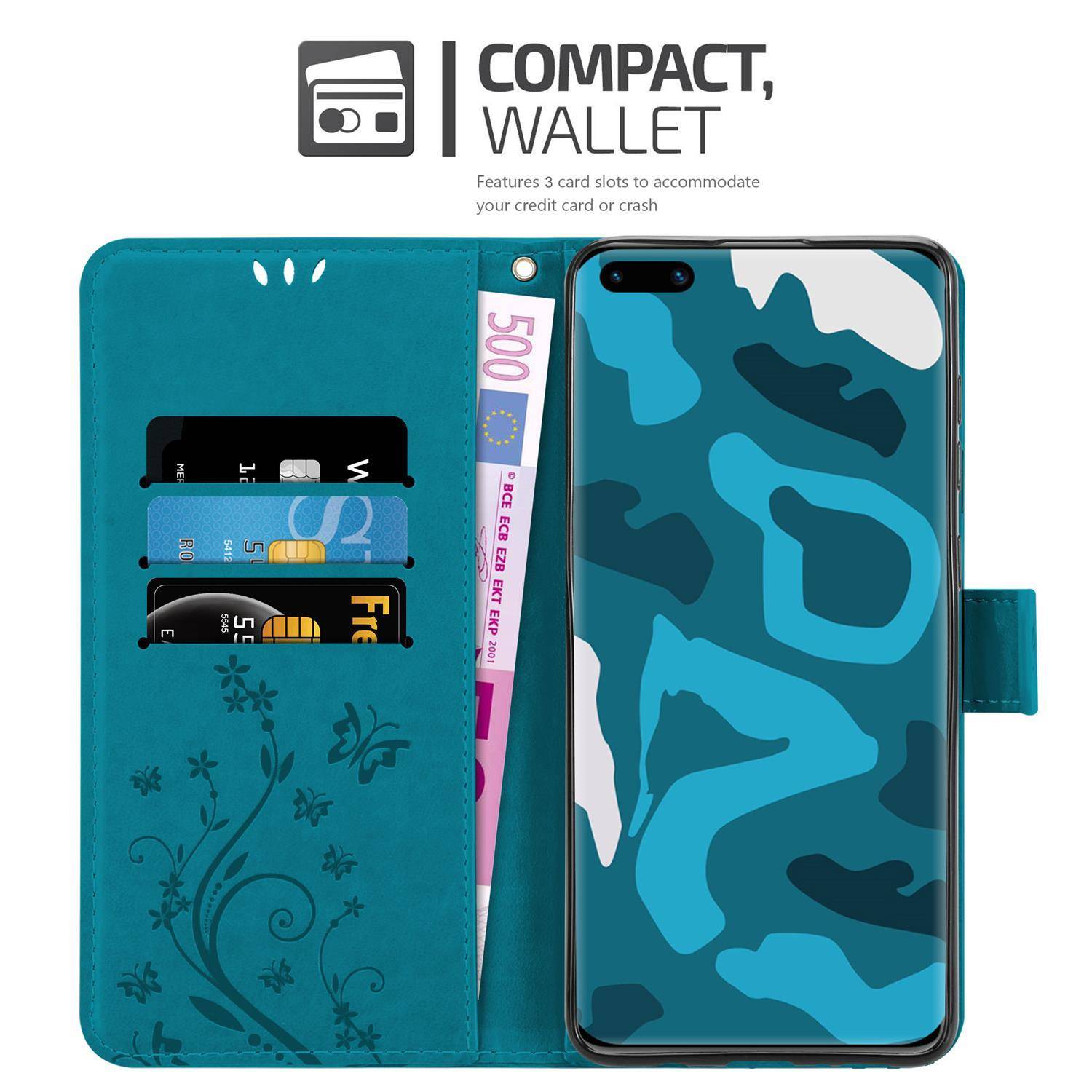 Cadorabo Hülle für Huawei P40 PRO / P40 PRO+ Schutz Hülle in Blau Schutzhülle Handy Hülle Etui Case Blumen Flower