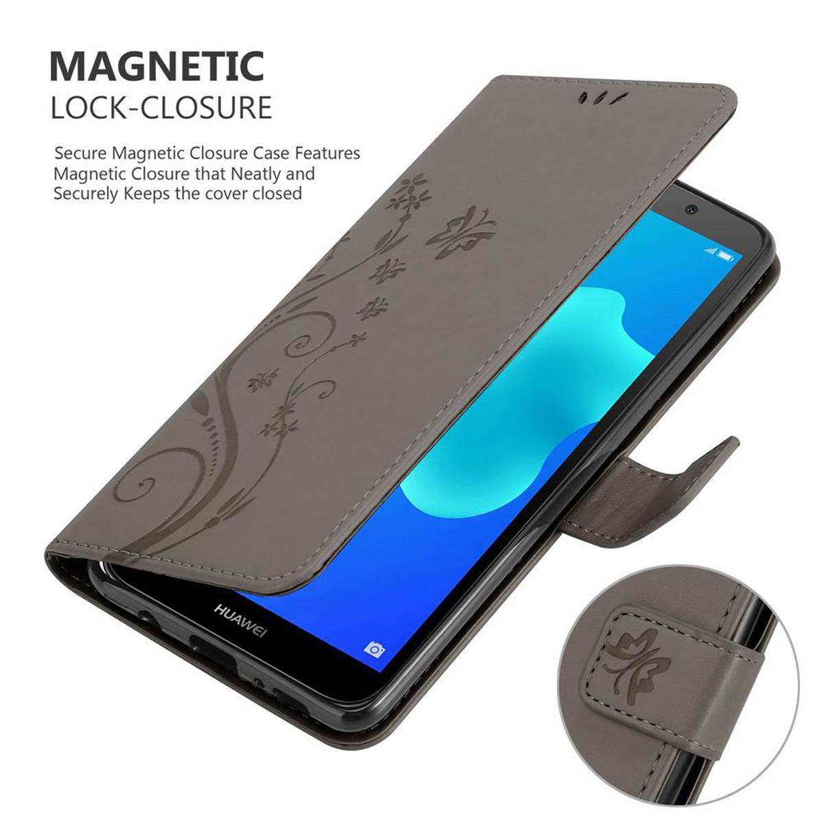 Cadorabo Hülle für Huawei Y5 PRIME 2018 / Y5 2018 Schutz Hülle in Grau Schutzhülle Handy Hülle Etui Case Blumen Flower