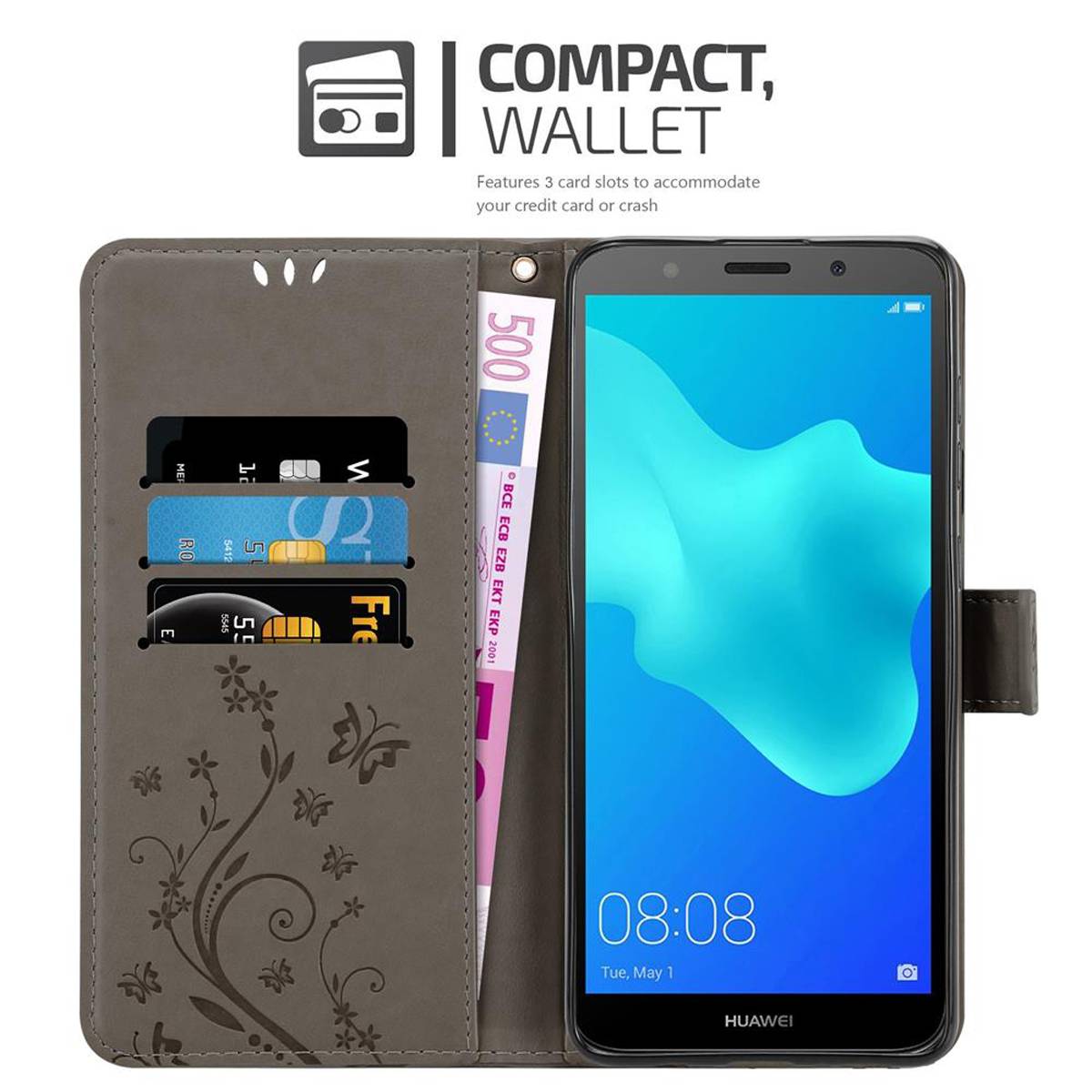 Cadorabo Hülle für Huawei Y5 PRIME 2018 / Y5 2018 Schutz Hülle in Grau Schutzhülle Handy Hülle Etui Case Blumen Flower