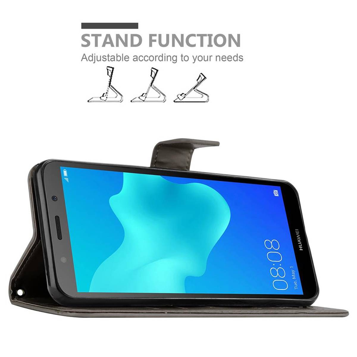 Cadorabo Hülle für Huawei Y5 PRIME 2018 / Y5 2018 Schutz Hülle in Grau Schutzhülle Handy Hülle Etui Case Blumen Flower