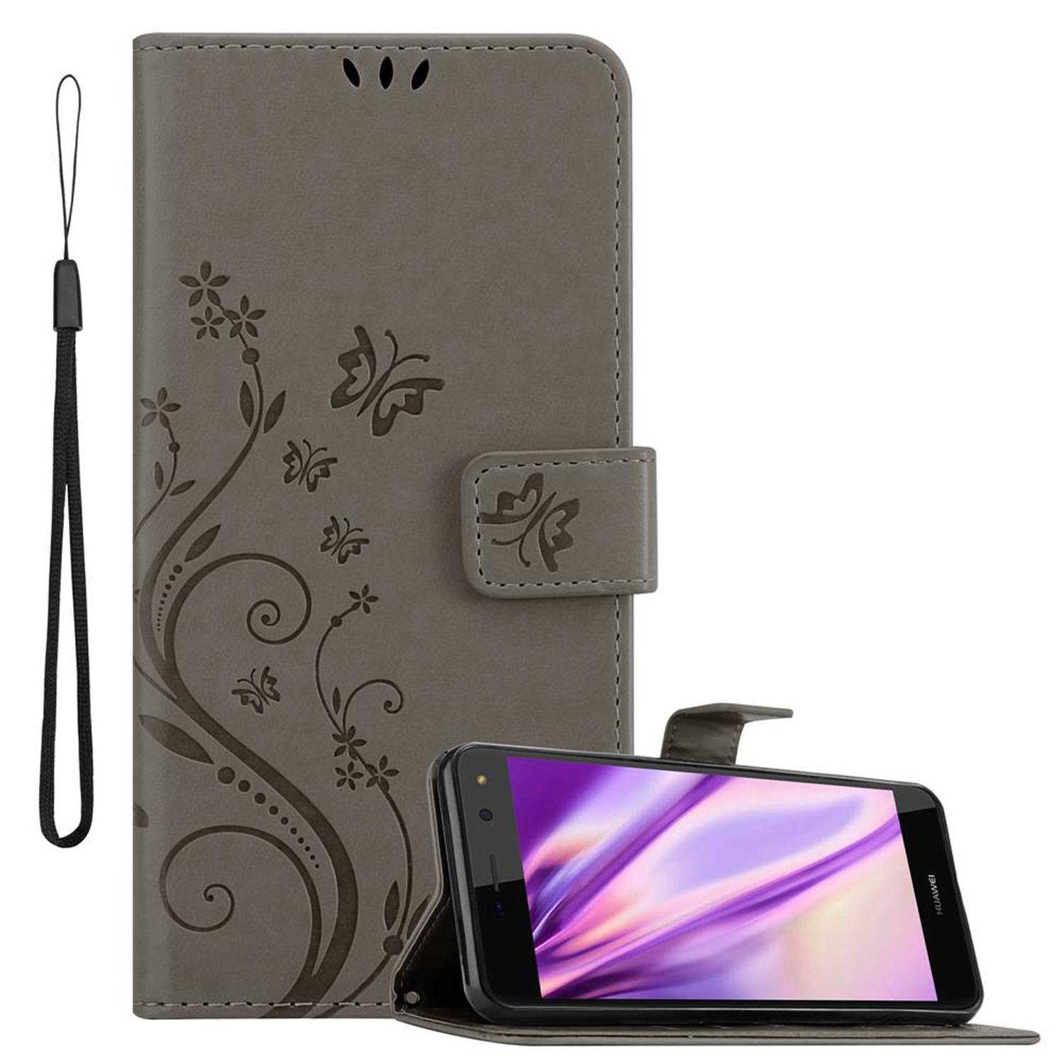 Cadorabo Hülle für Huawei Y5 2017 / Y6 2017 Schutz Hülle in Grau Schutzhülle Handy Hülle Etui Case Blumen Flower