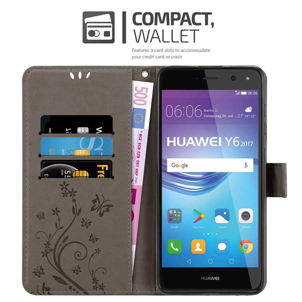 Cadorabo Hülle für Huawei Y5 2017 / Y6 2017 Schutz Hülle in Grau Schutzhülle Handy Hülle Etui Case Blumen Flower