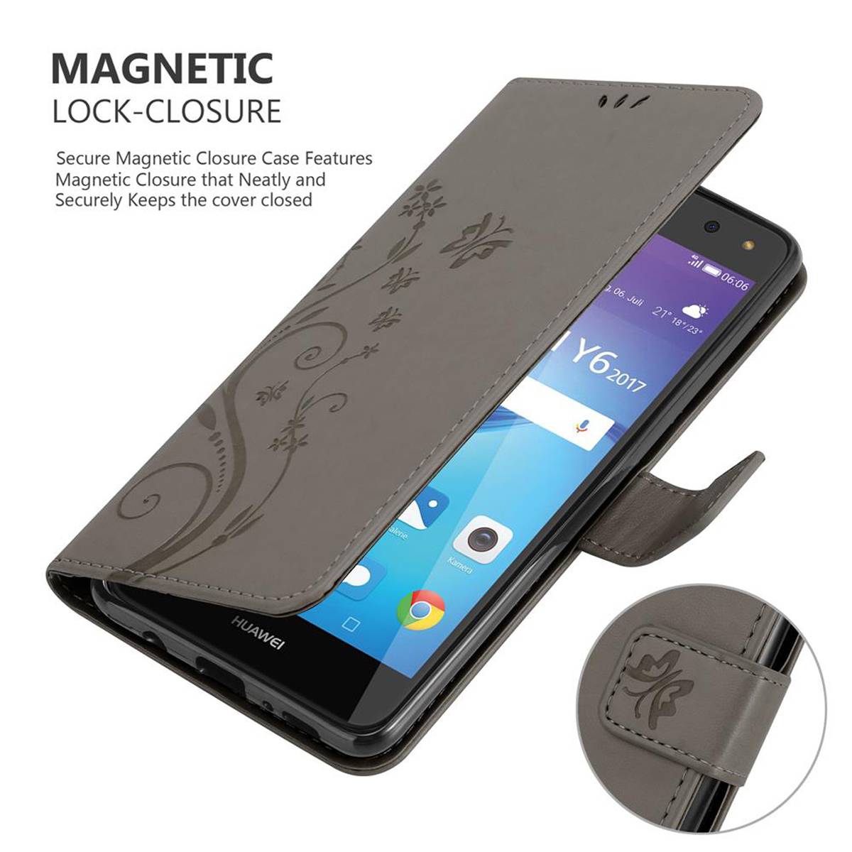 Cadorabo Hülle für Huawei Y5 2017 / Y6 2017 Schutz Hülle in Grau Schutzhülle Handy Hülle Etui Case Blumen Flower