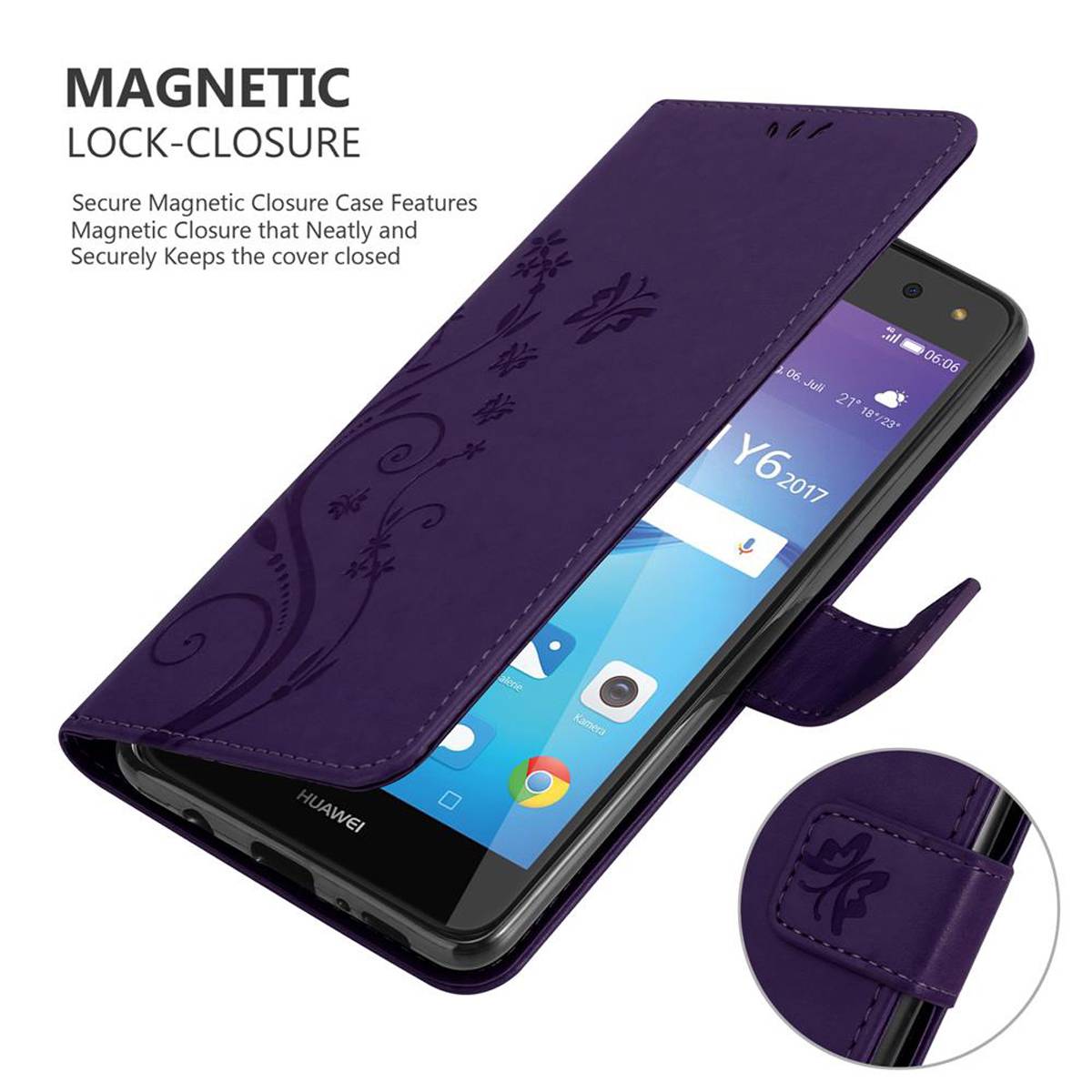 Cadorabo Hülle für Huawei Y5 2017 / Y6 2017 Schutz Hülle in Lila Schutzhülle Handy Hülle Etui Case Blumen Flower