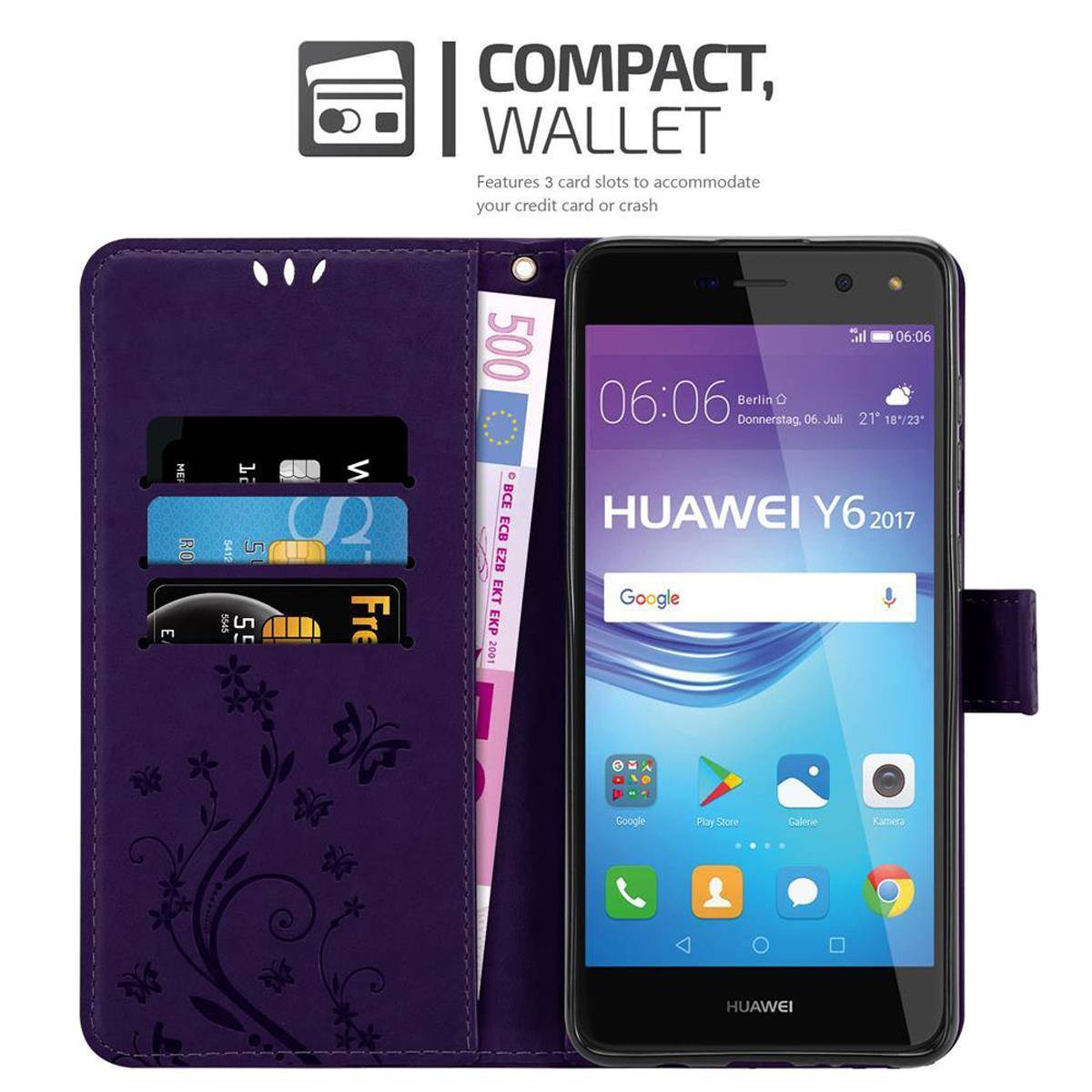 Cadorabo Hülle für Huawei Y5 2017 / Y6 2017 Schutz Hülle in Lila Schutzhülle Handy Hülle Etui Case Blumen Flower