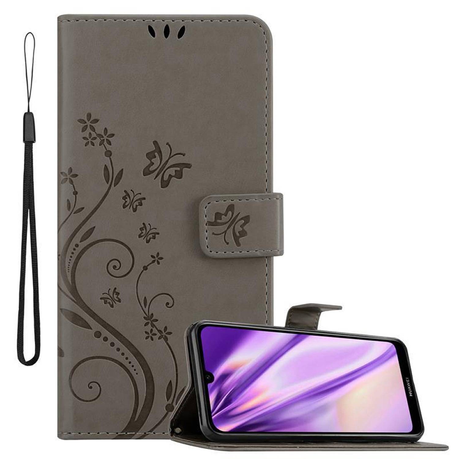 Cadorabo Hülle für Huawei Y6 2019 Schutz Hülle in Grau Schutzhülle Handy Hülle Etui Case Blumen Flower
